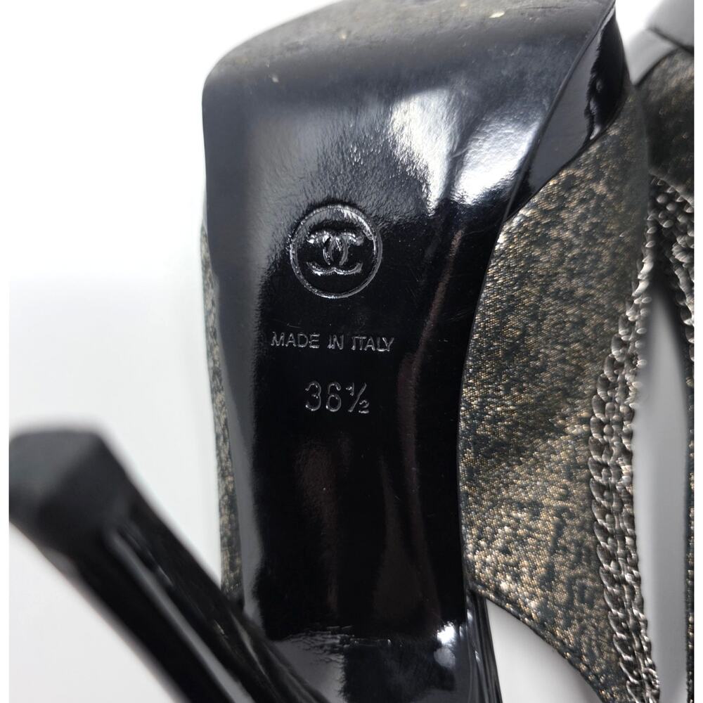 Chanel Slingback Platform Vintage Heels Cap Toe CC Logo Bow Chain Black 36.5 6 - Picture 9 of 10